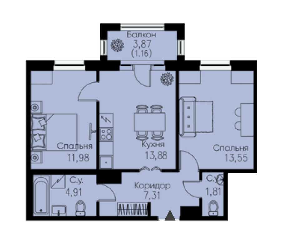 Двухкомнатная квартира в : площадь 54.6 м2 , этаж: 3 – купить в Санкт-Петербурге